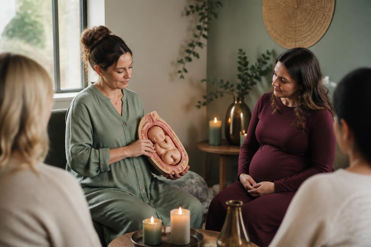 An antenatal educator explaining a birth model to a small group